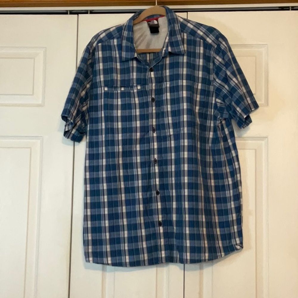 Mens The North Face Blue Plaid Short Sleeve Shirt Xl